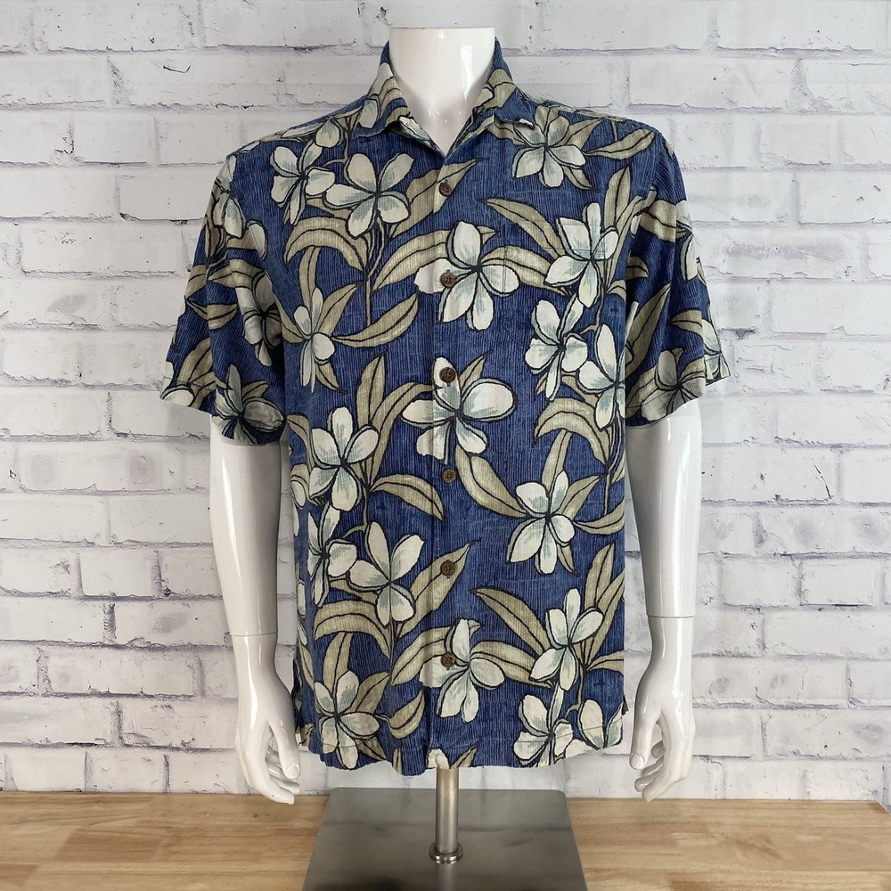 Tommy Bahama Shirt Men's Medium 100% Silk Button‎ Up Camp Shirt Hawaiian Blue